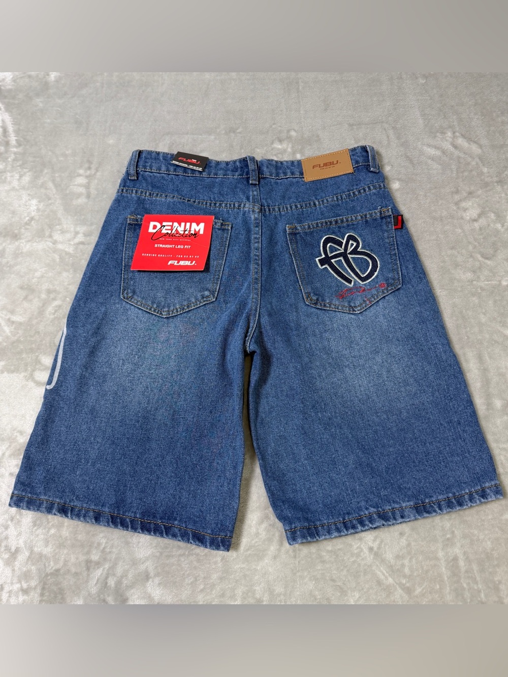 FUBU Collection Denim Jorts Jean Shorts Embroidered Blue NWT Men's 32 Hip-Hop